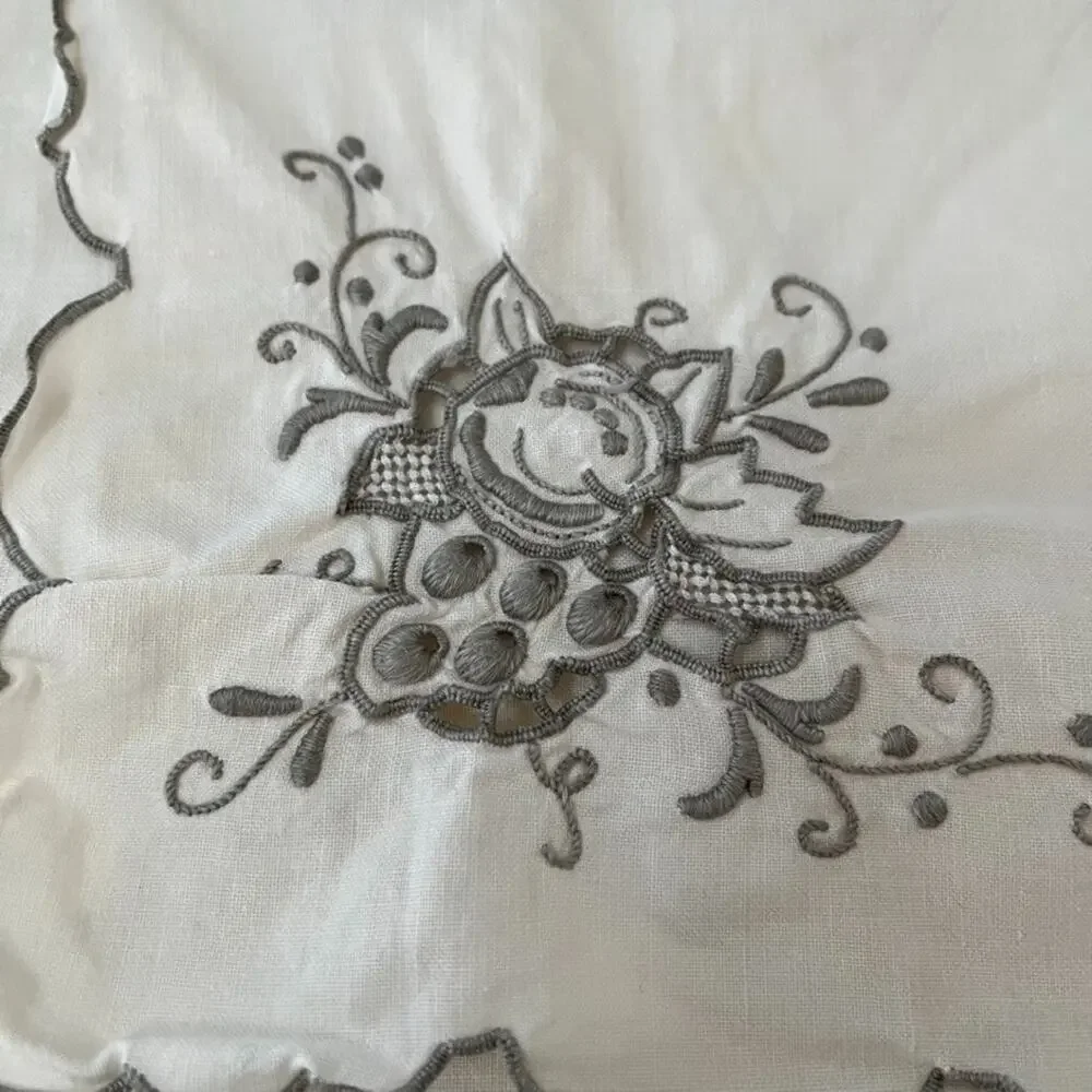 White & Gray Cotton Table Napkins Set of 5 16 x 16 in Floral Corner Embroidery